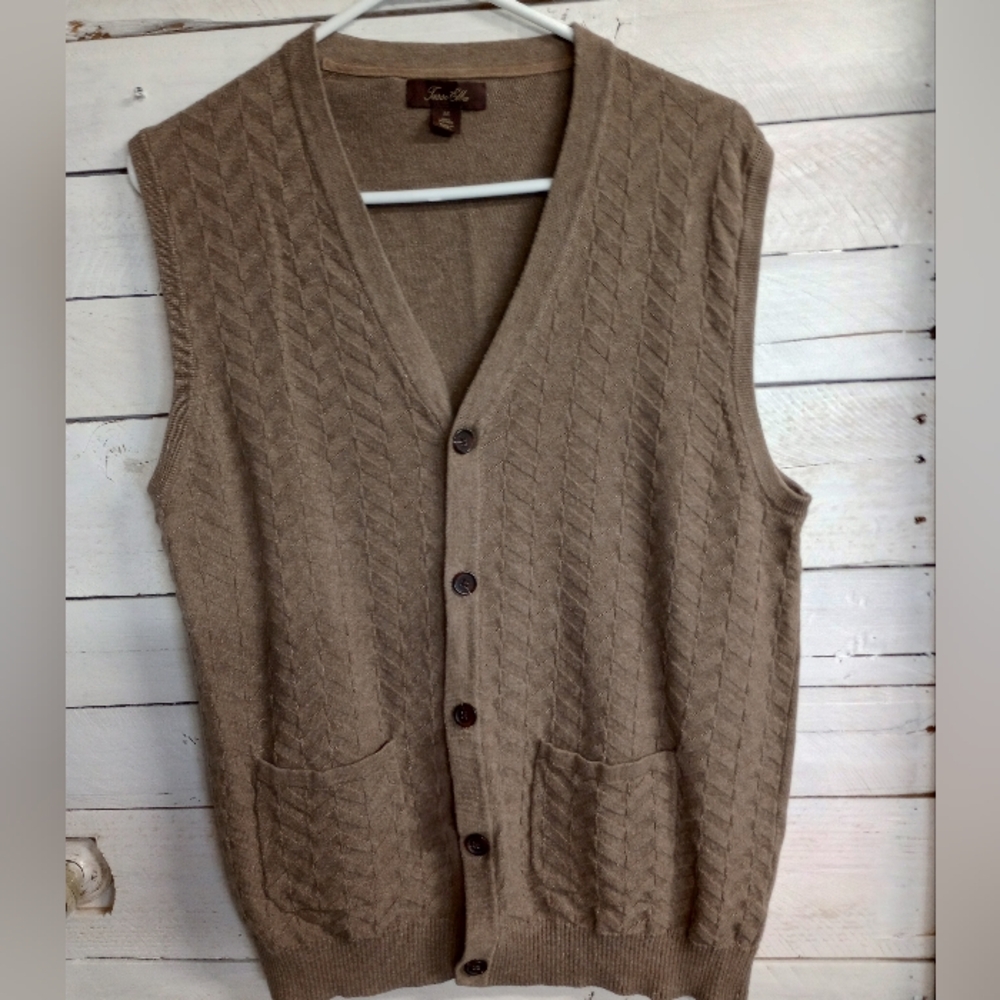 Tasso Elba Men's Medium Beige/Brown Cotton Button Front Vest Layering Sweater